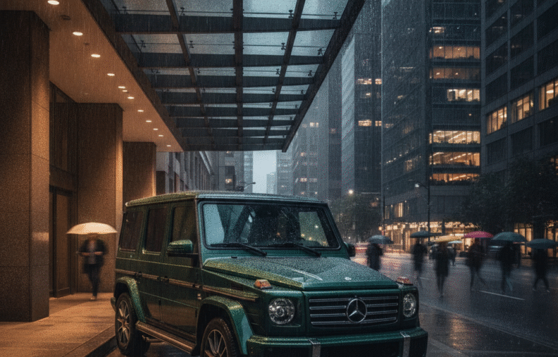 Mercedes G-Class waiting under a hotel canopy on a rainy downtown Vancouver evening with umbrella pedestrians