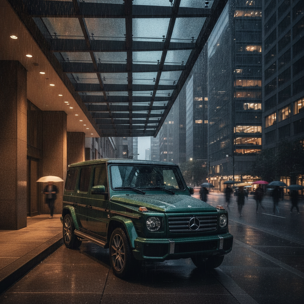 Mercedes G-Class waiting under a hotel canopy on a rainy downtown Vancouver evening with umbrella pedestrians