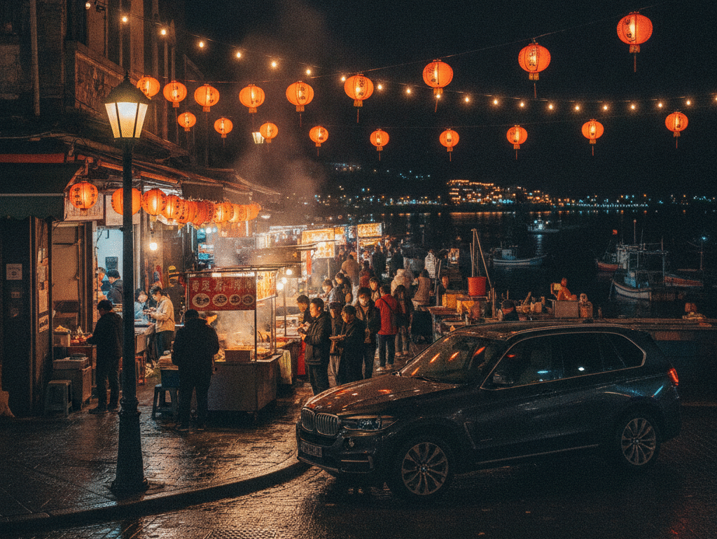 Lanterns and food stalls at a night market with a dark SUV parked by a lamp post and a lit fishing wharf in the distance