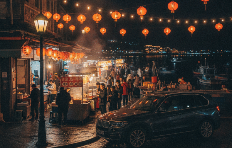 Lanterns and food stalls at a night market with a dark SUV parked by a lamp post and a lit fishing wharf in the distance