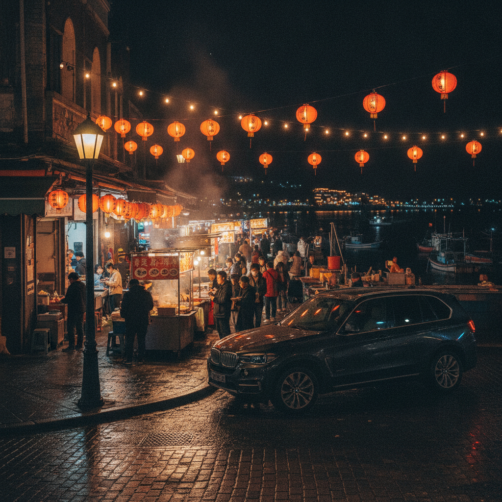 Lanterns and food stalls at a night market with a dark SUV parked by a lamp post and a lit fishing wharf in the distance