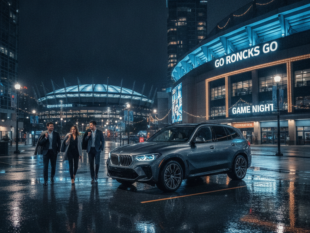 Group arriving for a Canucks game outside Rogers Arena at night with a luxury SUV
