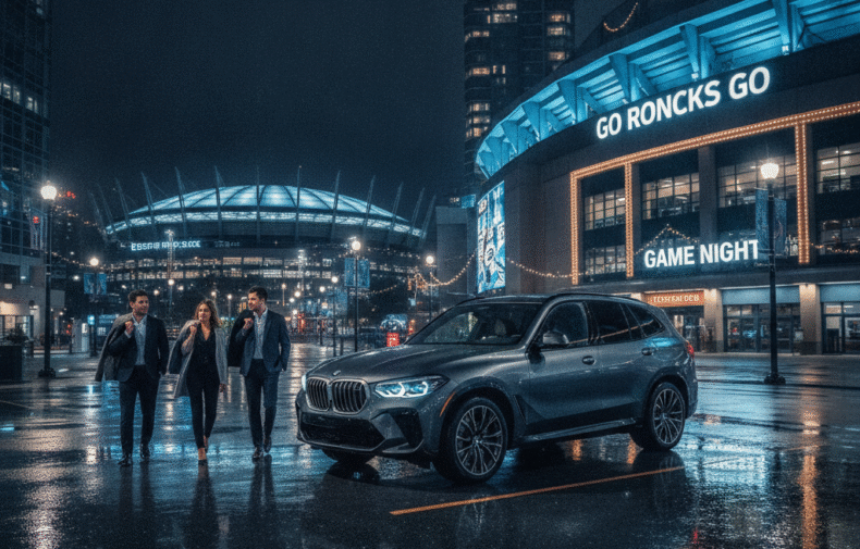 Group arriving for a Canucks game outside Rogers Arena at night with a luxury SUV