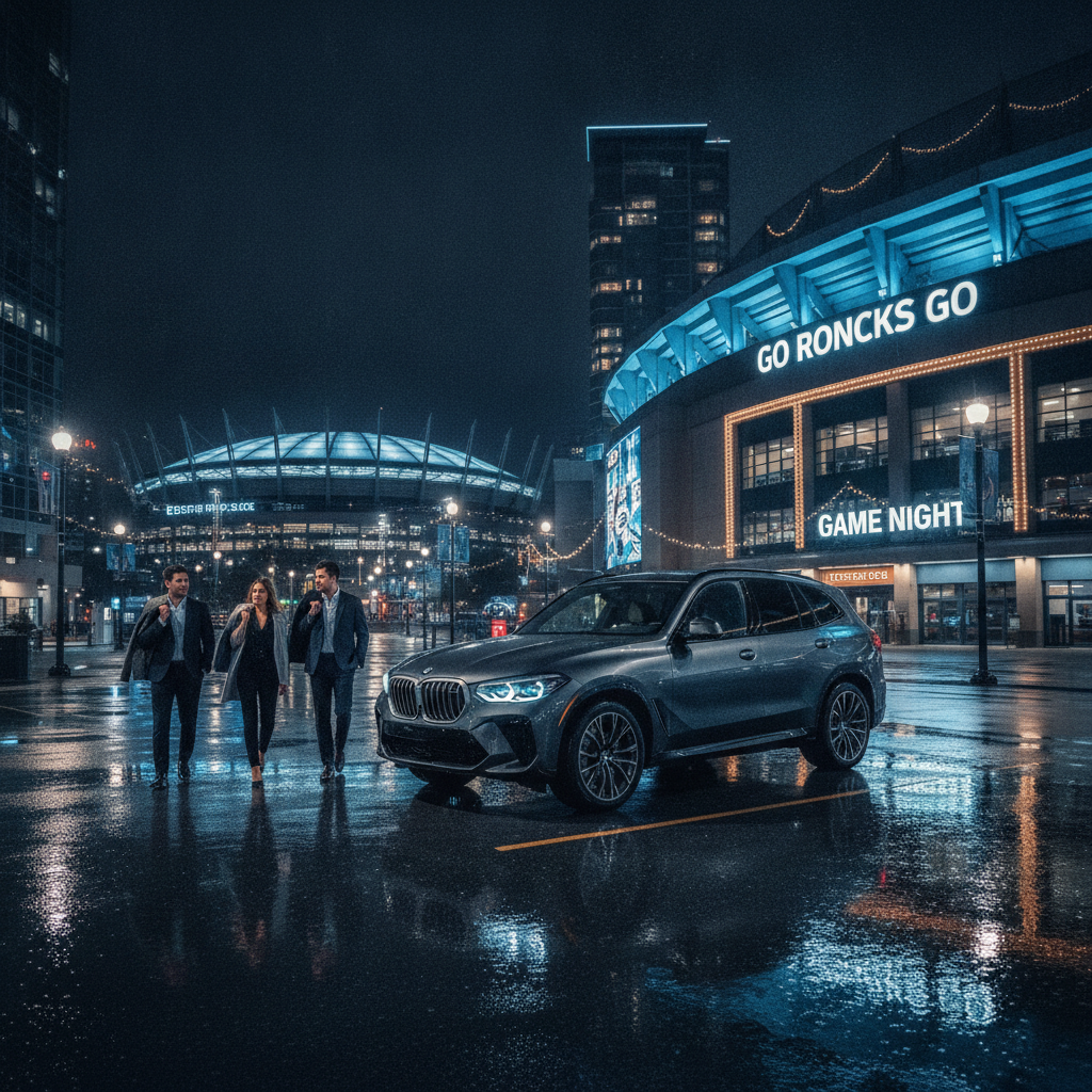 Group arriving for a Canucks game outside Rogers Arena at night with a luxury SUV