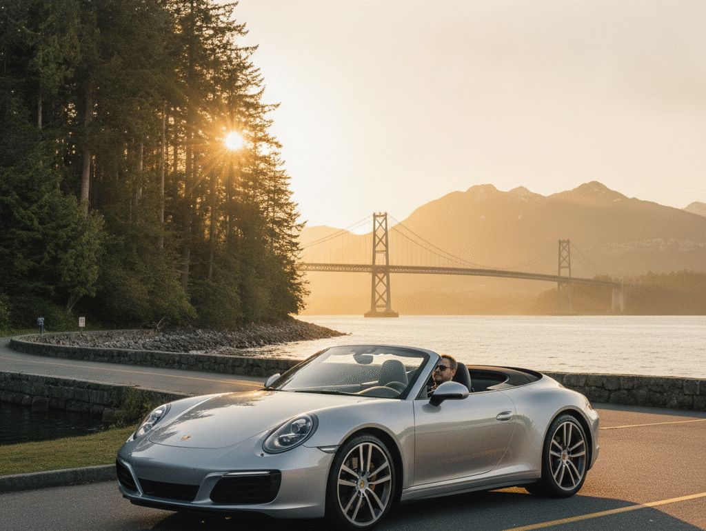 Porsche 911 Carrera with the top down driving the Stanley Park seawall loop at sunset with Lions Gate Bridge behind