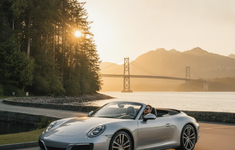 Porsche 911 Carrera with the top down driving the Stanley Park seawall loop at sunset with Lions Gate Bridge behind
