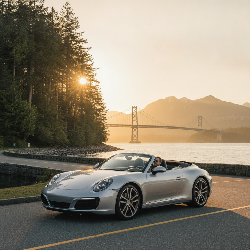 Porsche 911 Carrera with the top down driving the Stanley Park seawall loop at sunset with Lions Gate Bridge behind