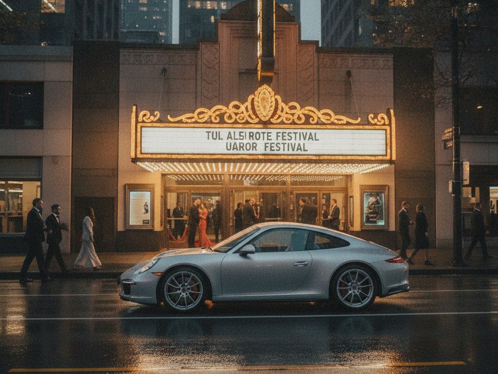 Porsche 911 parked outside an illuminated theatre with a red carpet queue on a rainy downtown evening