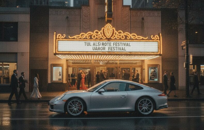 Porsche 911 parked outside an illuminated theatre with a red carpet queue on a rainy downtown evening