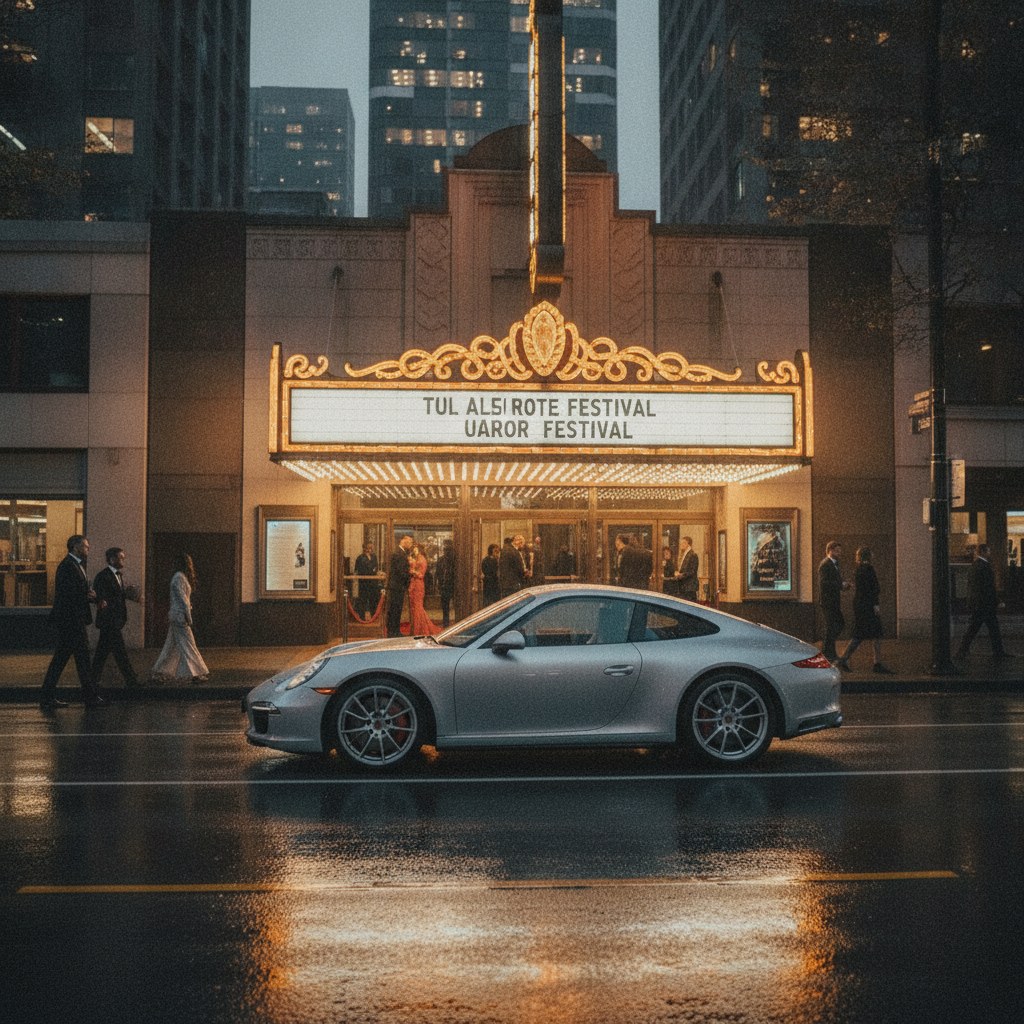 Porsche 911 parked outside an illuminated theatre with a red carpet queue on a rainy downtown evening