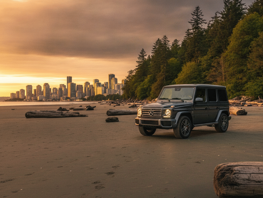 Mercedes G-Class parked at Spanish Banks beach at sunset with the Vancouver skyline across English Bay