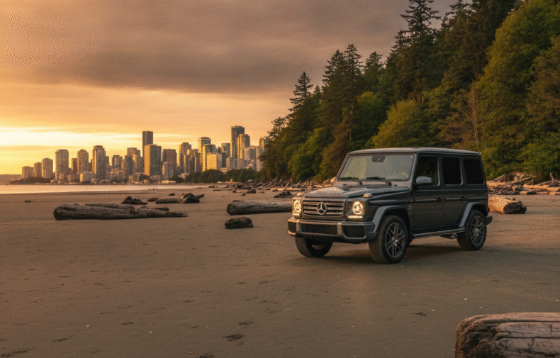 Mercedes G-Class parked at Spanish Banks beach at sunset with the Vancouver skyline across English Bay