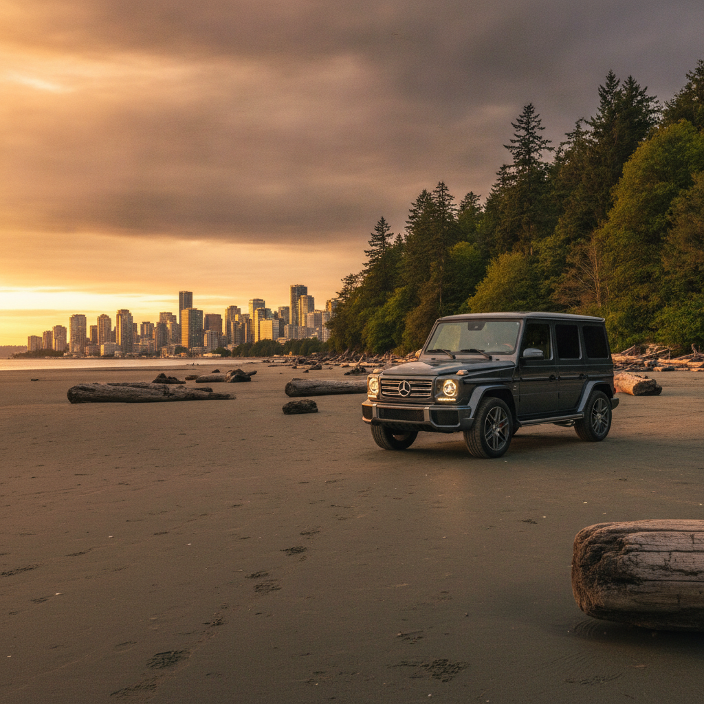 Mercedes G-Class parked at Spanish Banks beach at sunset with the Vancouver skyline across English Bay