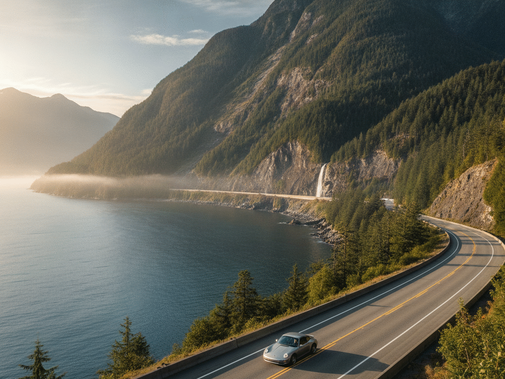 Porsche 911 Carrera driving the Sea-to-Sky Highway toward Whistler with mountains and a waterfall