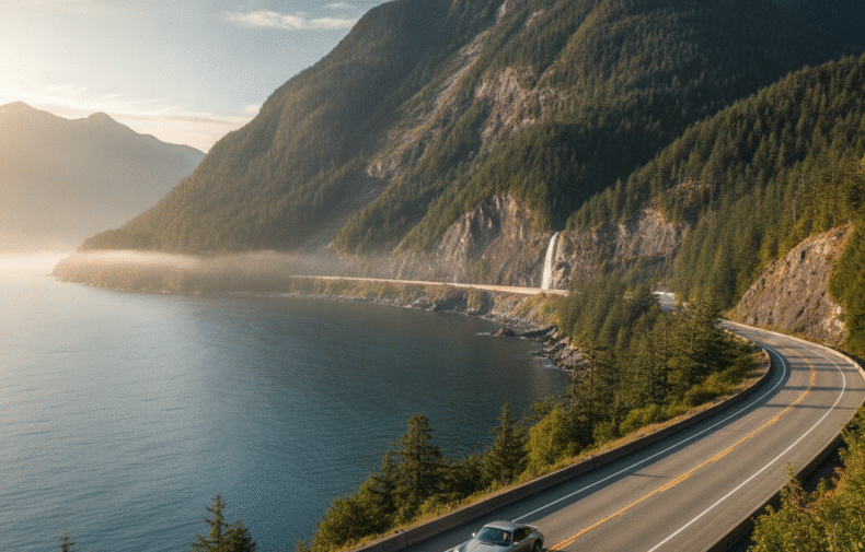 Porsche 911 Carrera driving the Sea-to-Sky Highway toward Whistler with mountains and a waterfall
