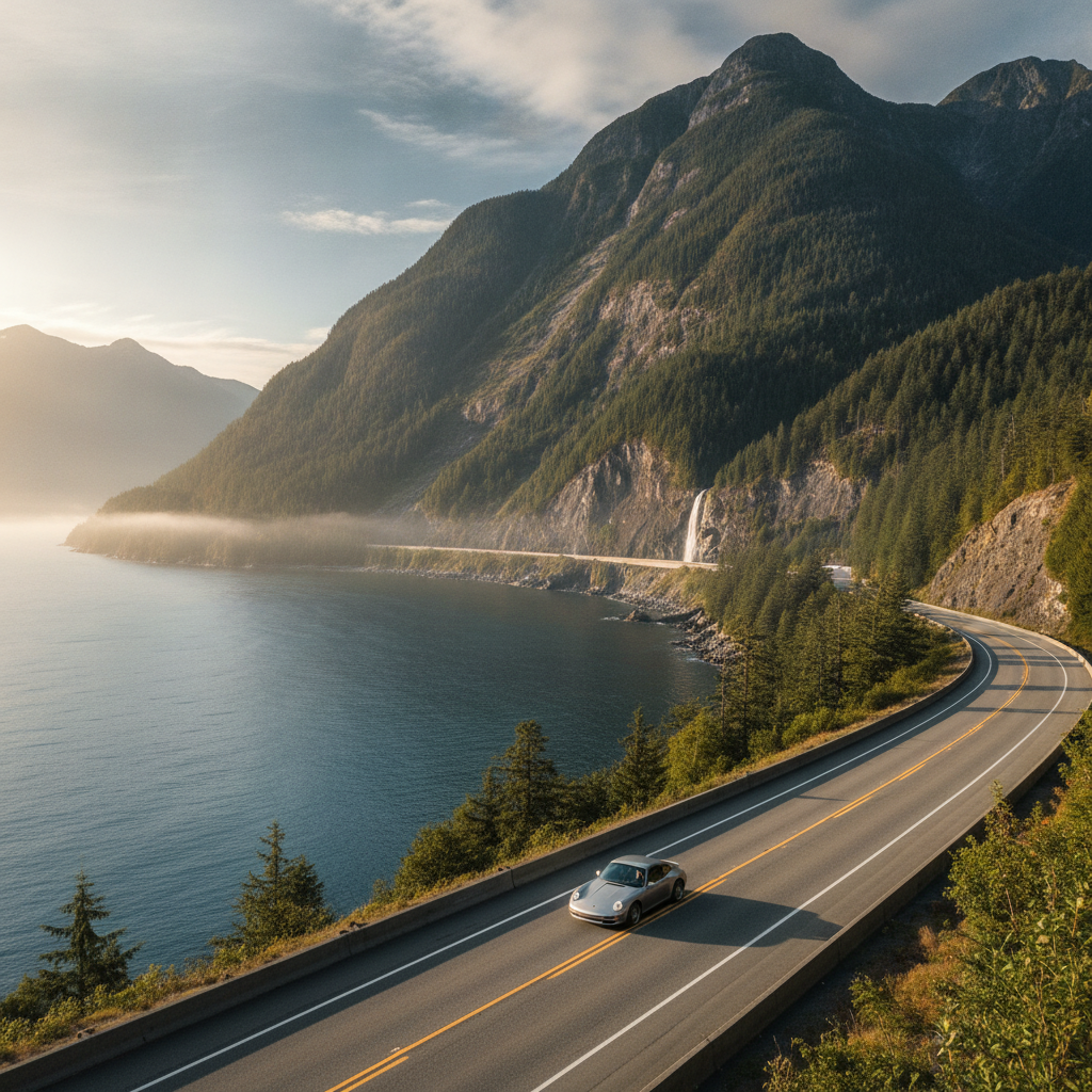 Porsche 911 Carrera driving the Sea-to-Sky Highway toward Whistler with mountains and a waterfall