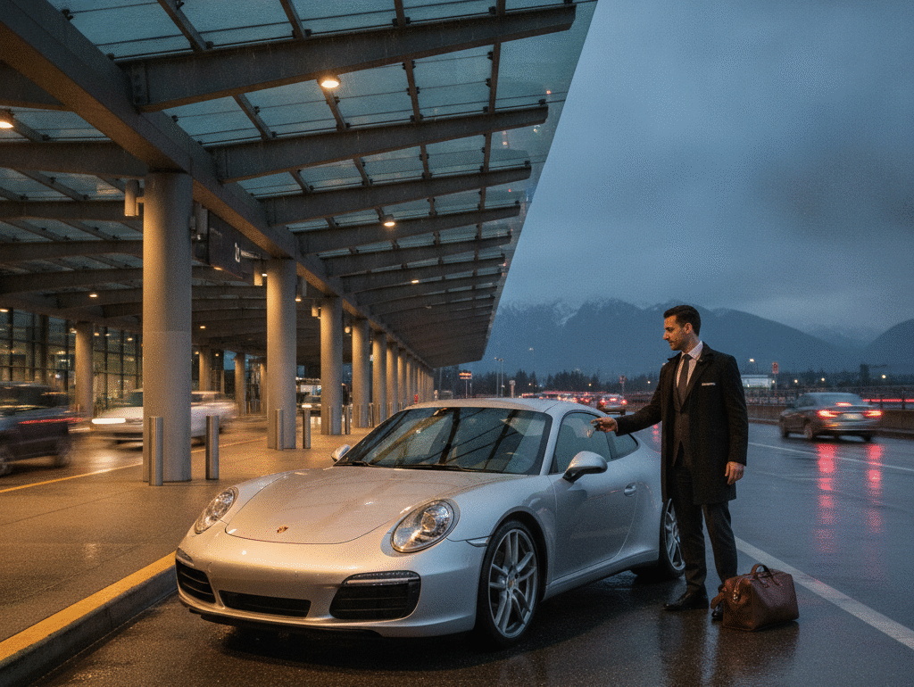 Porsche 911 rental being handed over at Vancouver International Airport at dusk