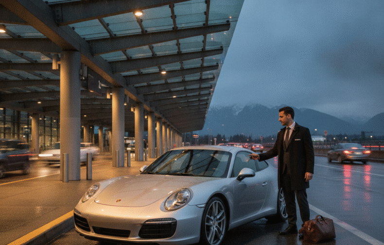 Porsche 911 rental being handed over at Vancouver International Airport at dusk