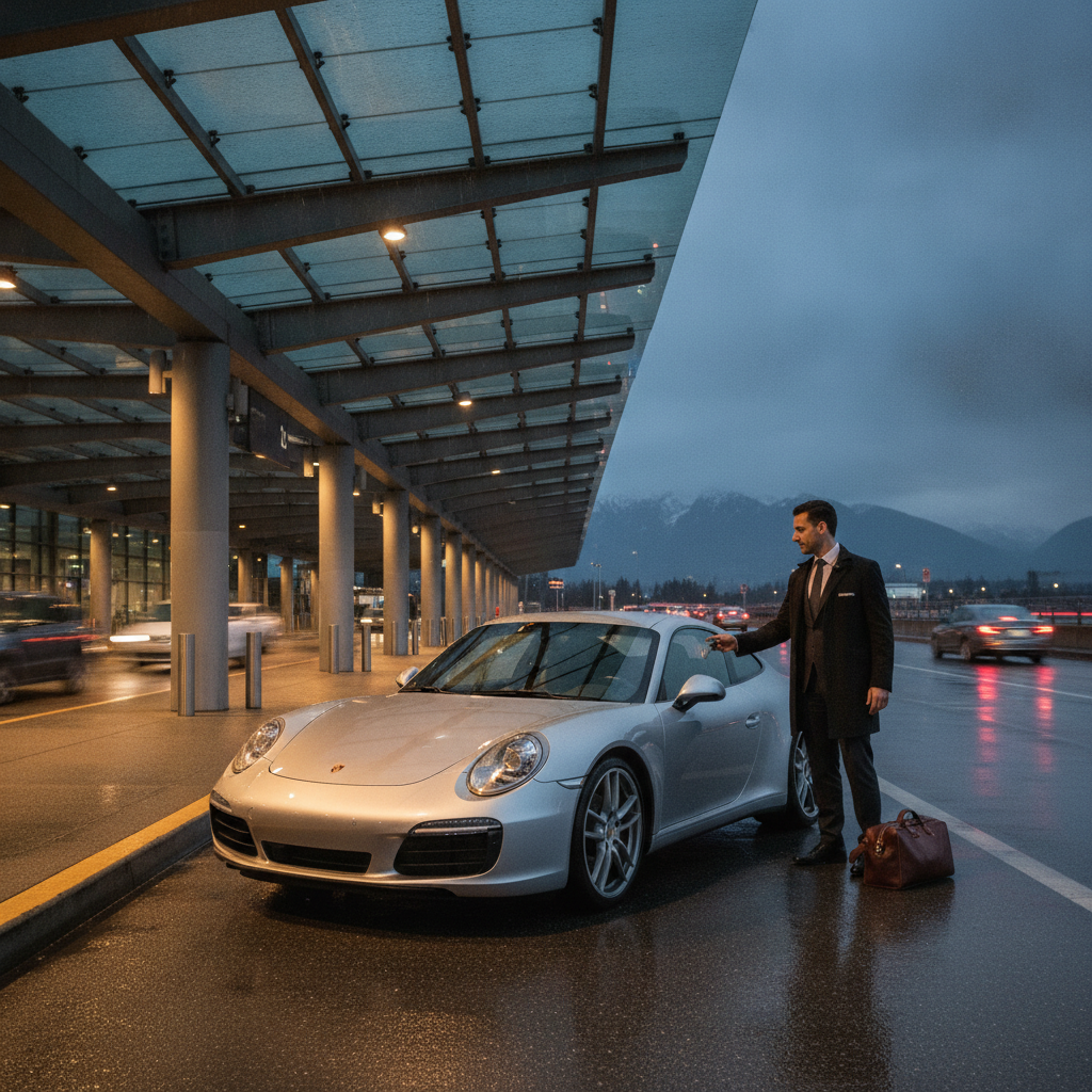 Porsche 911 rental being handed over at Vancouver International Airport at dusk