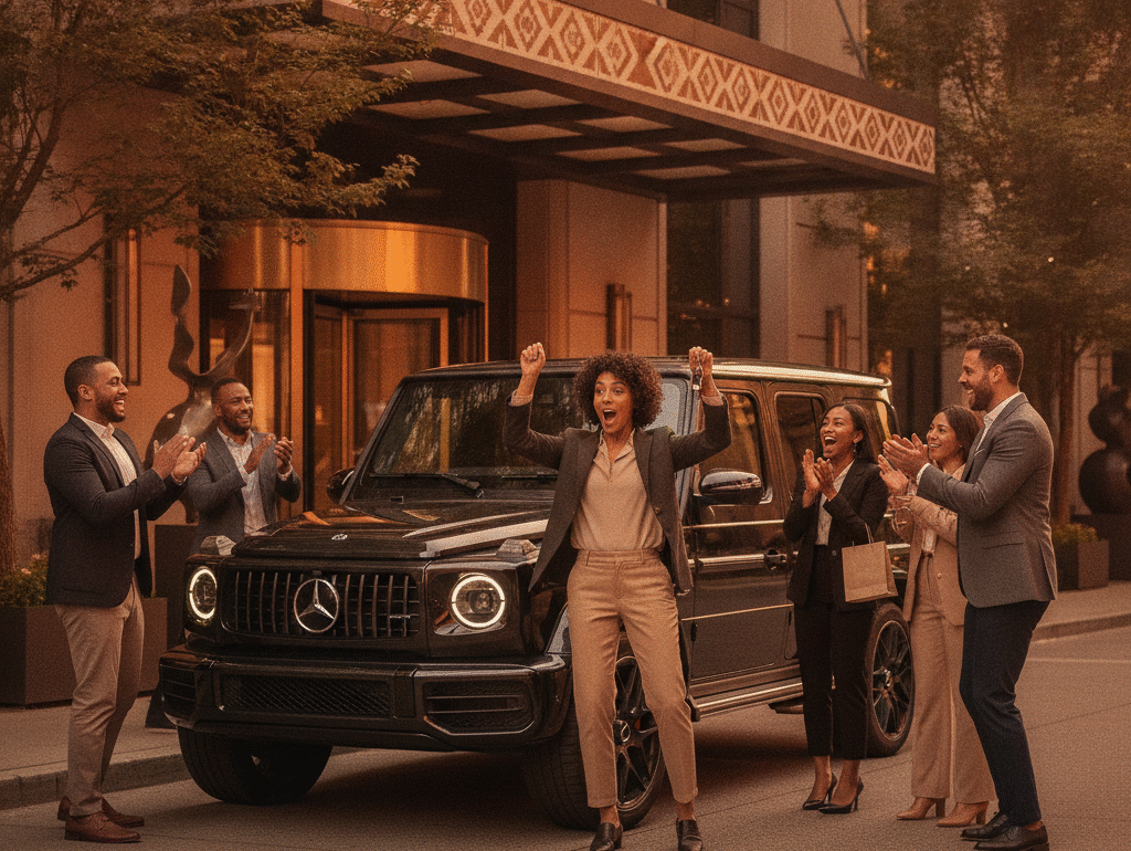 Birthday surprise at a Vancouver hotel entrance with a black Mercedes G-Class and friends