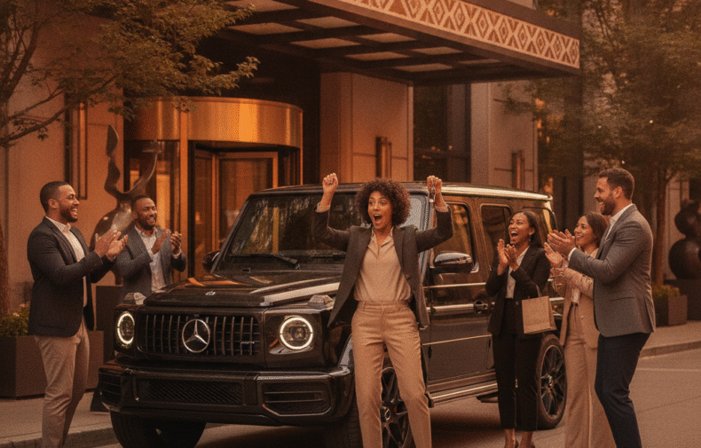 Birthday surprise at a Vancouver hotel entrance with a black Mercedes G-Class and friends