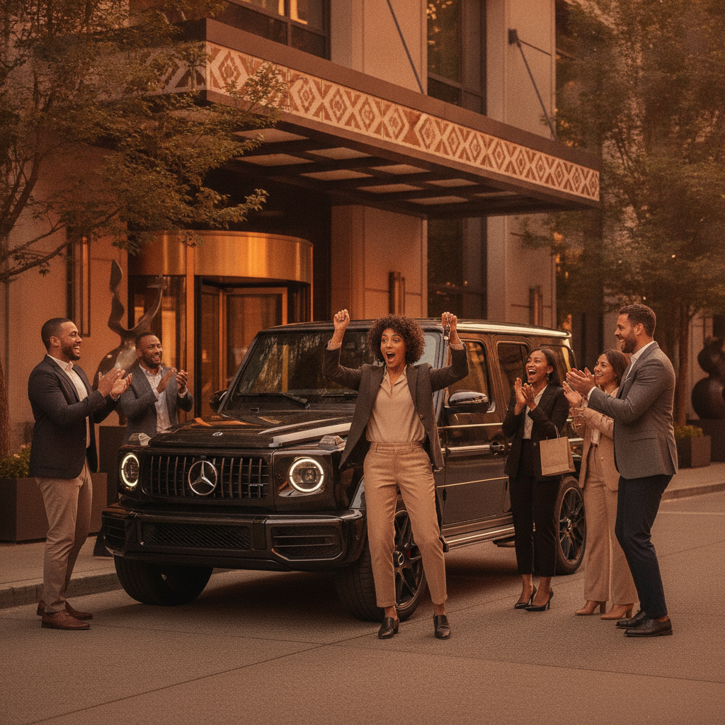 Birthday surprise at a Vancouver hotel entrance with a black Mercedes G-Class and friends