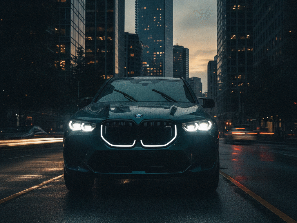 BMW XM luxury performance SUV in downtown Vancouver at dusk