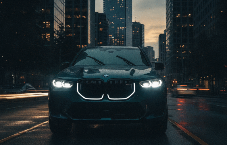 BMW XM luxury performance SUV in downtown Vancouver at dusk