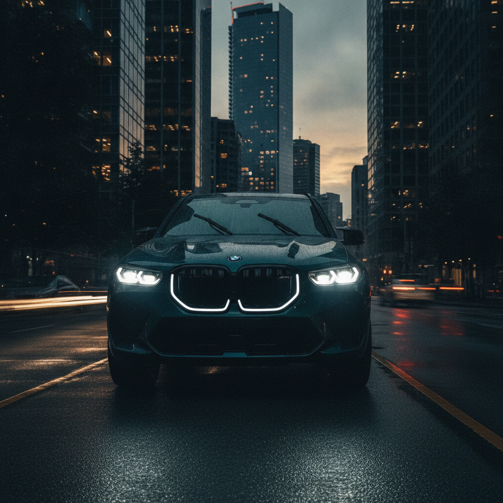 BMW XM luxury performance SUV in downtown Vancouver at dusk