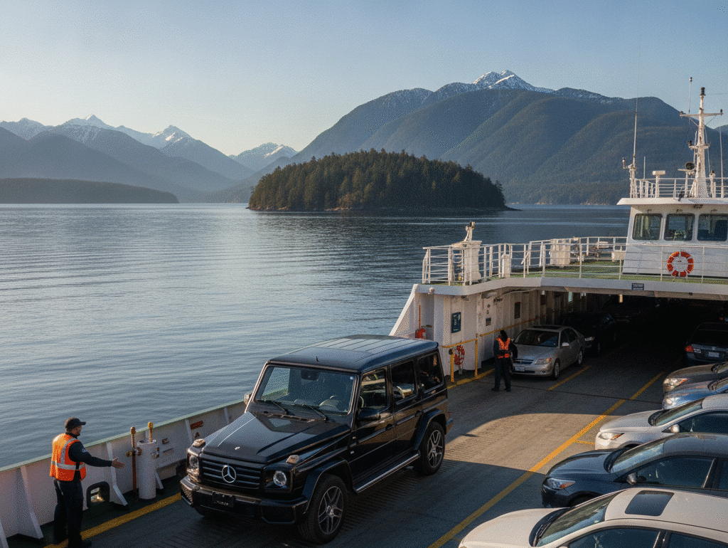 Mercedes G-Class rolling onto a BC ferry at Horseshoe Bay with Howe Sound behind