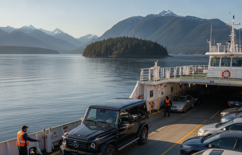 Mercedes G-Class rolling onto a BC ferry at Horseshoe Bay with Howe Sound behind