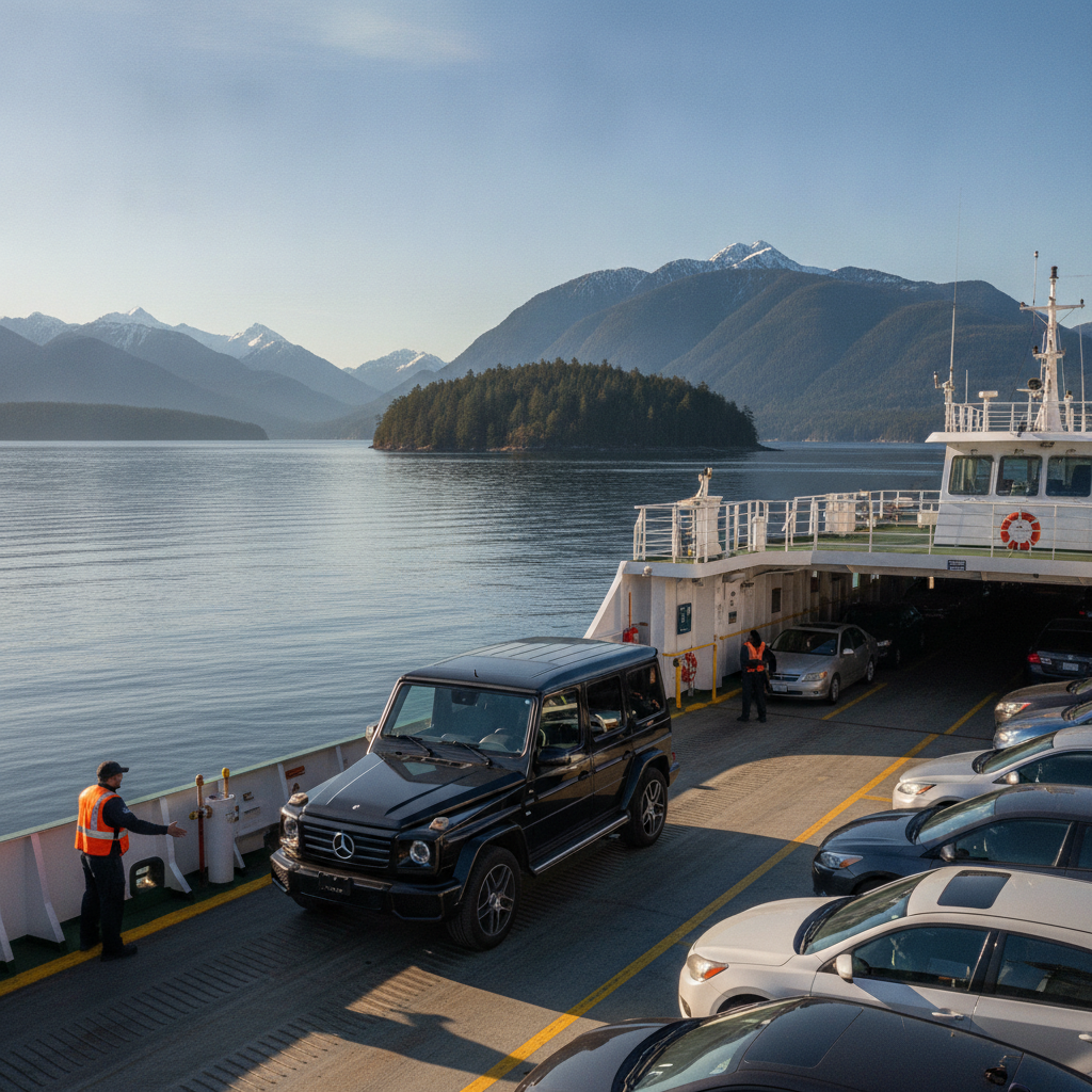 Mercedes G-Class rolling onto a BC ferry at Horseshoe Bay with Howe Sound behind