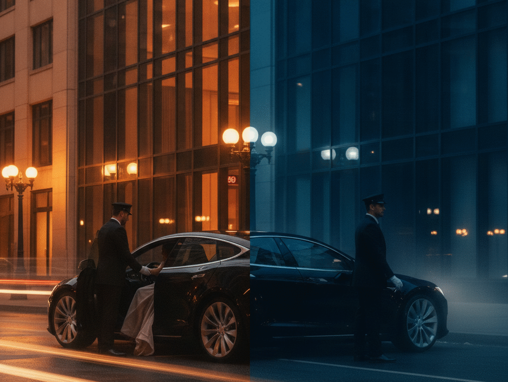Chauffeur opening the rear door of a luxury sedan in front of a Vancouver hotel at dusk