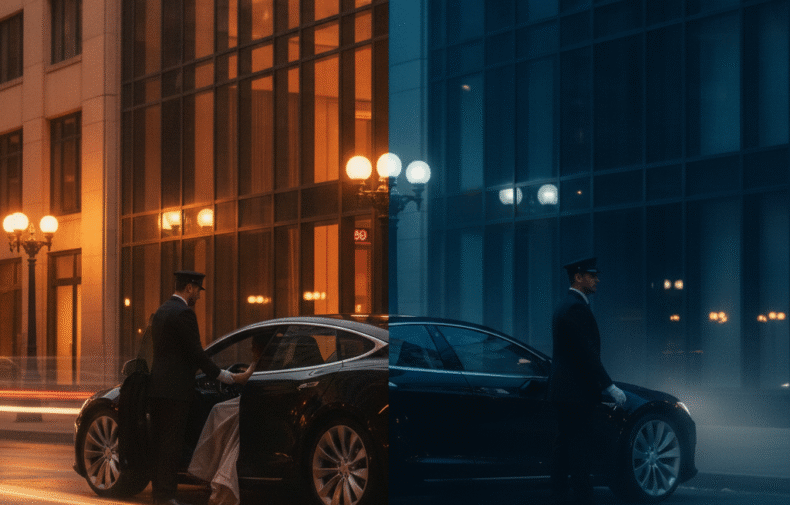 Chauffeur opening the rear door of a luxury sedan in front of a Vancouver hotel at dusk