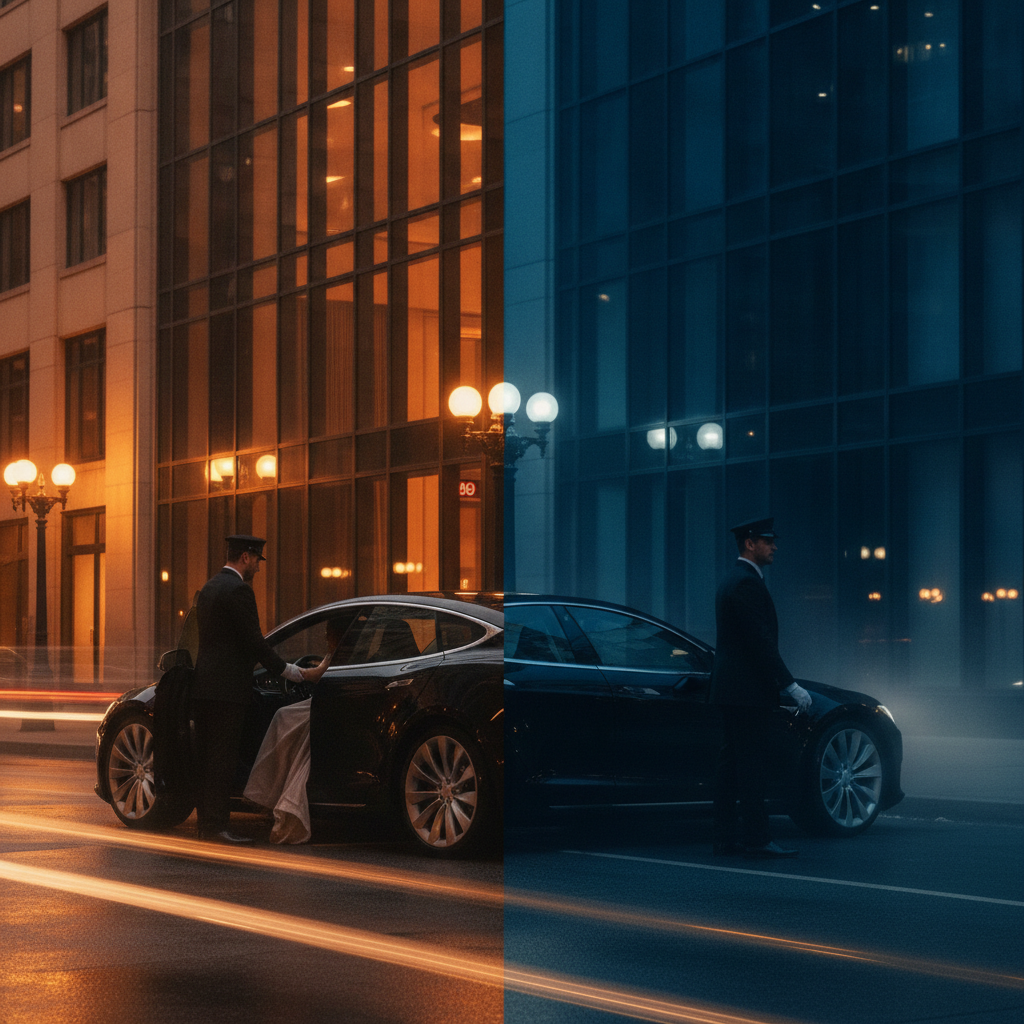 Chauffeur opening the rear door of a luxury sedan in front of a Vancouver hotel at dusk