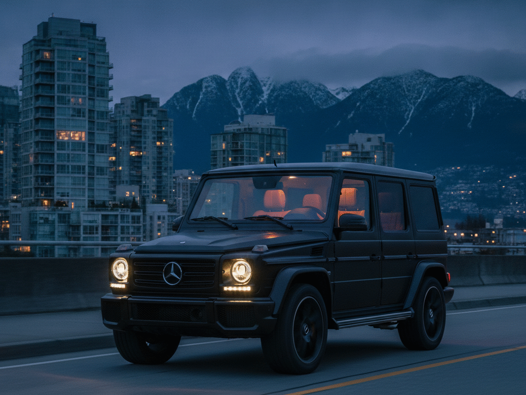 Matte black Mercedes G-Class on a Vancouver waterfront road at dusk with glass towers behind
