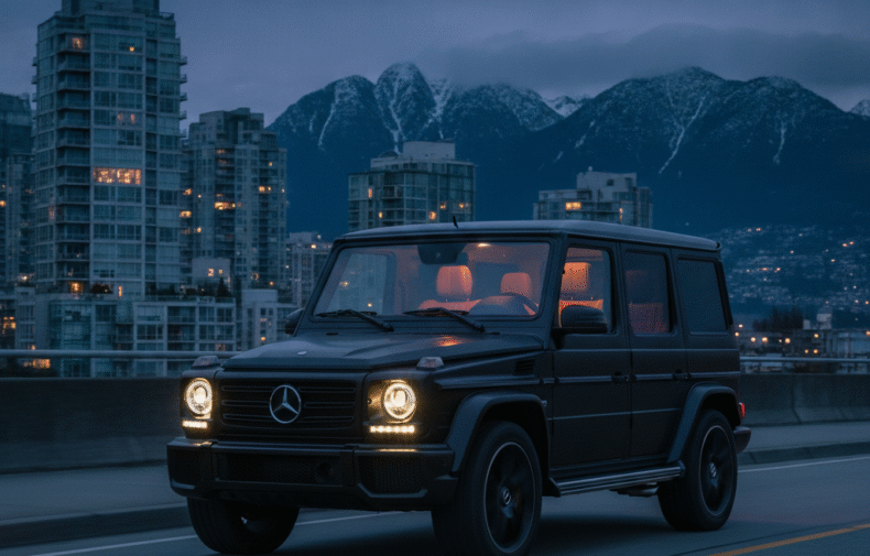 Matte black Mercedes G-Class on a Vancouver waterfront road at dusk with glass towers behind