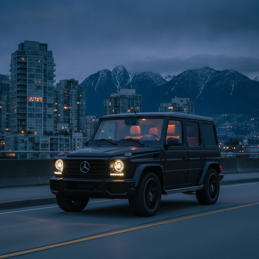 Matte black Mercedes G-Class on a Vancouver waterfront road at dusk with glass towers behind