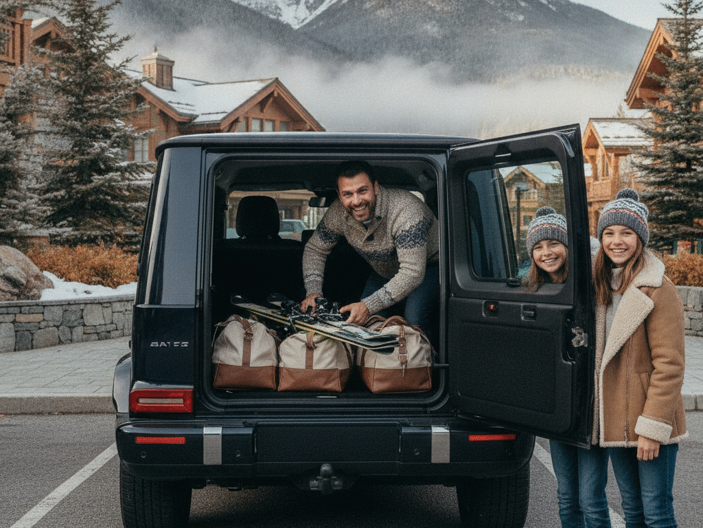 Family loading skis and duffels into a black Mercedes G-Class at Whistler village