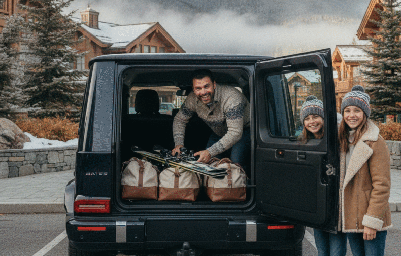 Family loading skis and duffels into a black Mercedes G-Class at Whistler village