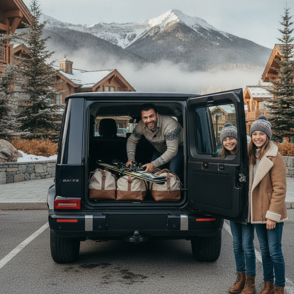 Family loading skis and duffels into a black Mercedes G-Class at Whistler village