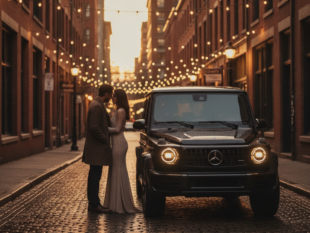Black Mercedes G-Class on a Gastown cobblestone lane at dusk with string lights