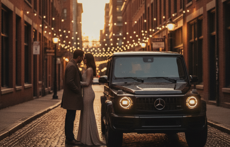 Black Mercedes G-Class on a Gastown cobblestone lane at dusk with string lights