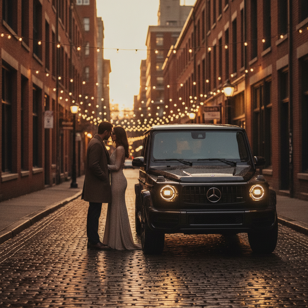 Black Mercedes G-Class on a Gastown cobblestone lane at dusk with string lights