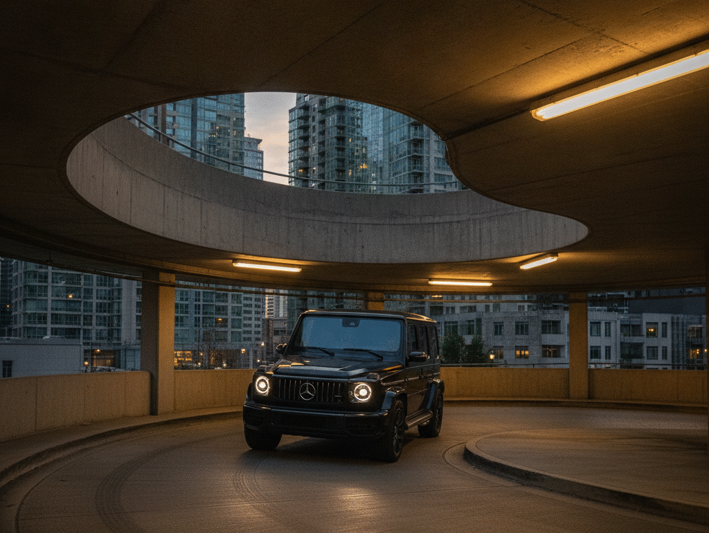 Mercedes G-Class entering a downtown Vancouver parkade at dusk