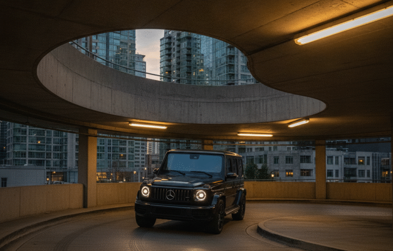 Mercedes G-Class entering a downtown Vancouver parkade at dusk