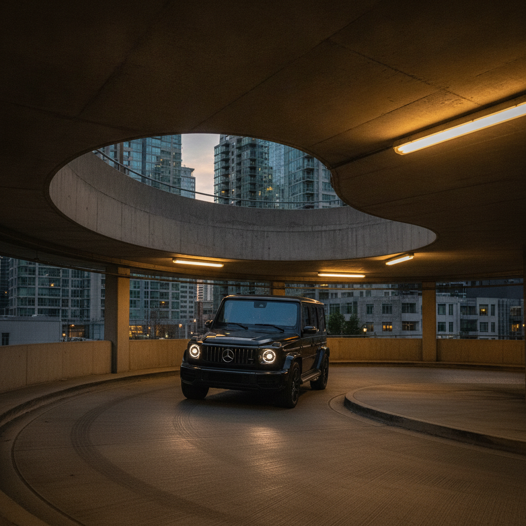 Mercedes G-Class entering a downtown Vancouver parkade at dusk