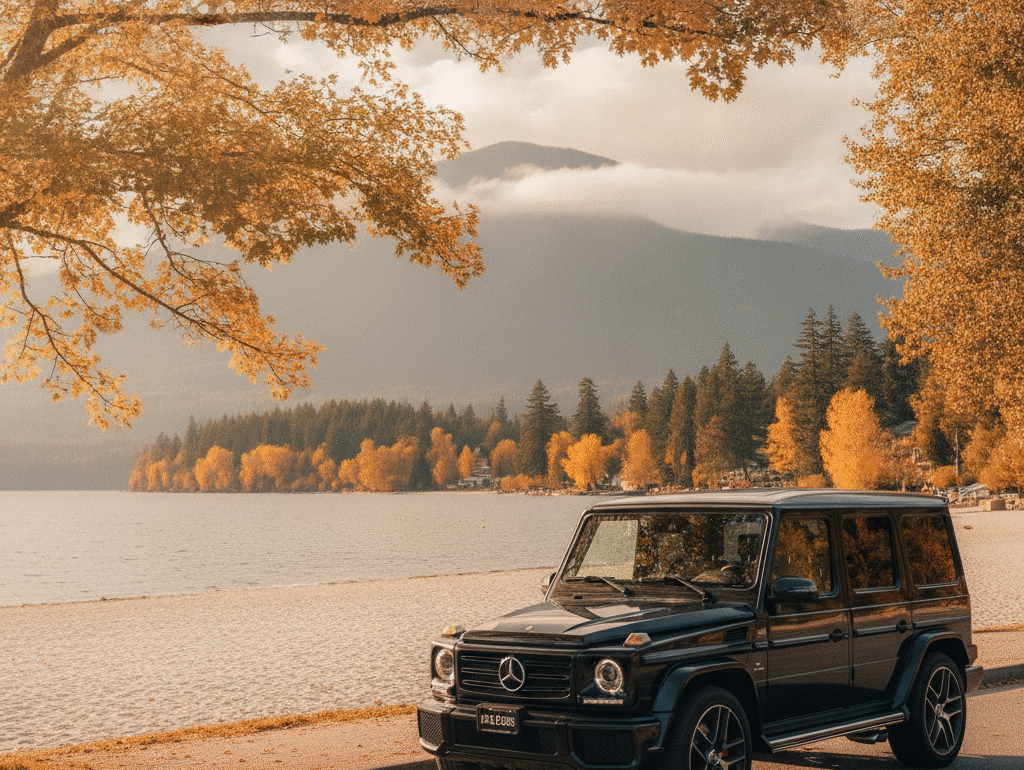 Mercedes G-Class parked along Harrison Hot Springs waterfront with fall colors