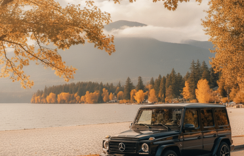 Mercedes G-Class parked along Harrison Hot Springs waterfront with fall colors