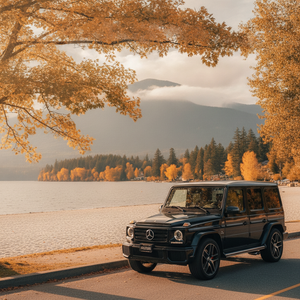 Mercedes G-Class parked along Harrison Hot Springs waterfront with fall colors